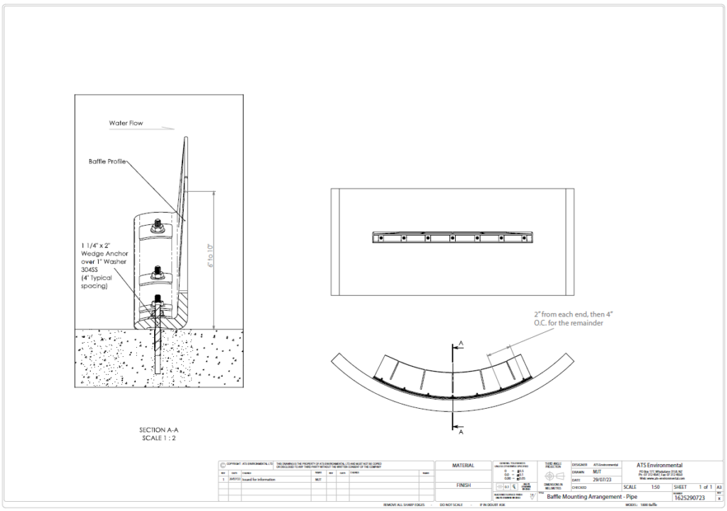image - SSA Environmental Cross-section and top views of a pipe mounting with a baffle, showing water flow, anchors, and dimensions in a vertical tank.