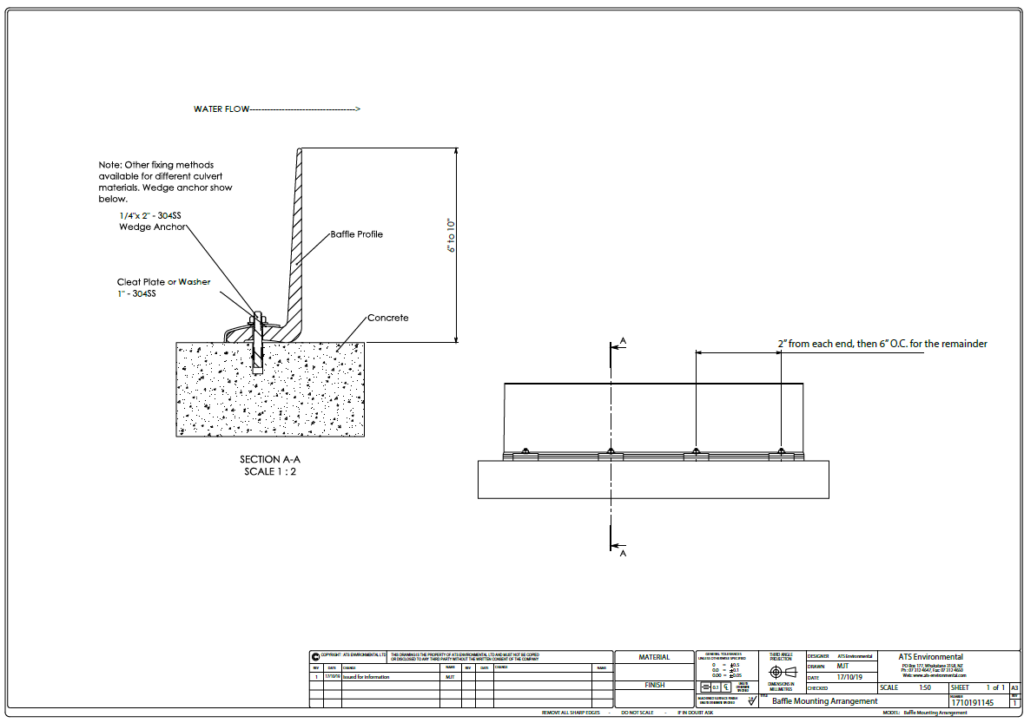 image - SSA Environmental Sectional drawing of a baffle mounting in concrete showing wedge anchors, cleat plate, and water flow direction (Section A-A).