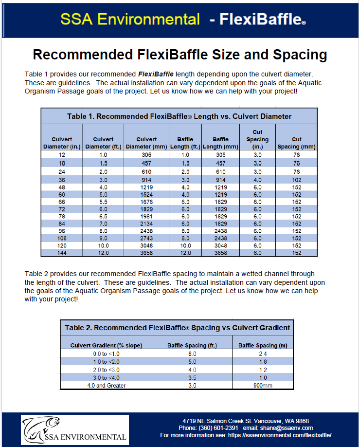 image - SSA Environmental SSA Environmental: Recommended FlexiBaffle Size and Spacing page with two tables (length vs. culvert diameter; spacing vs. gradient) and a contact/footer section.